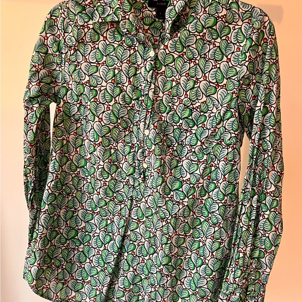 J. Crew Green and Red Leaf Print Button Down Shirt